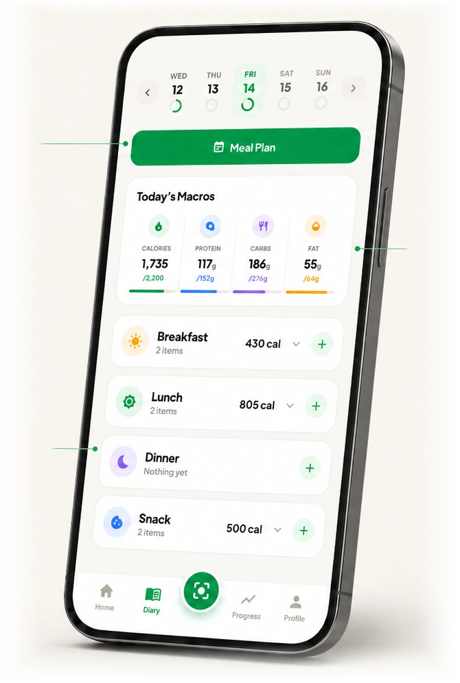 A phone showing the SteadWell diary: a week strip, a Meal Plan button, today's macros in four columns, and meals grouped into breakfast, lunch, dinner and snack.